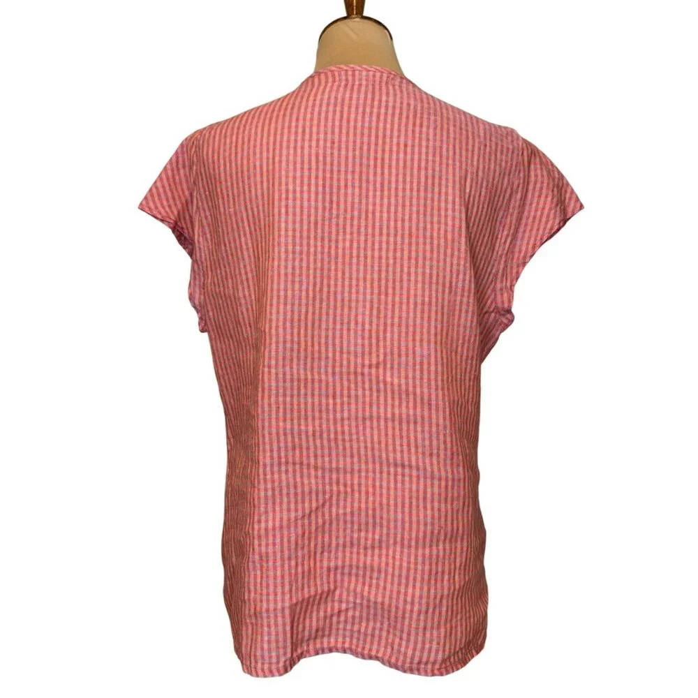 Flax Medium Pink & Orange Gingham Short Sleeve Pintuck Linen Blouse - Picture 3 of 6